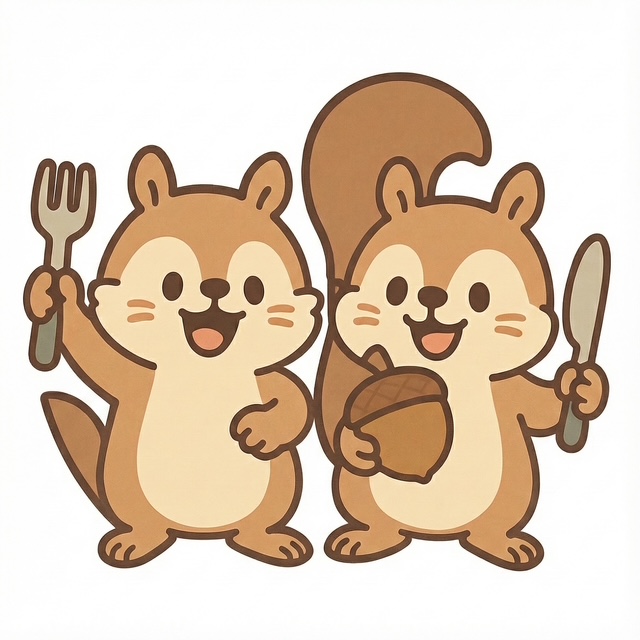 フォークとスプーンを持ったリスのキャラクター
